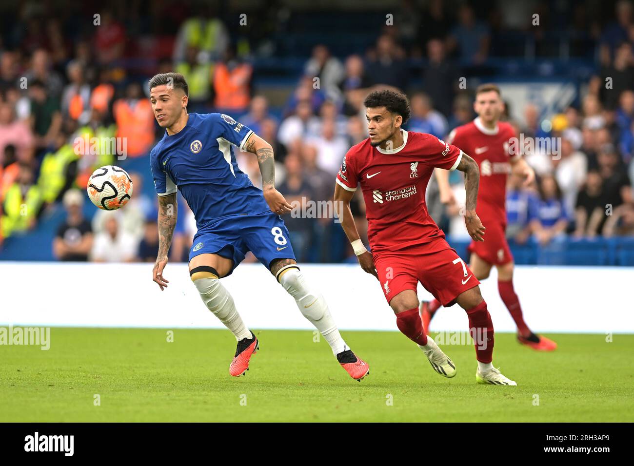 London, UK. 13th Aug, 2023. London UK 13 Aug 23. Enzo Fernandez of Chelsea clshes with Luis Diaz of Liverpool FC during the Chelsea vs Liverpool Premier League match at Stamford Bridge London Credit: MARTIN DALTON/Alamy Live News Stock Photo