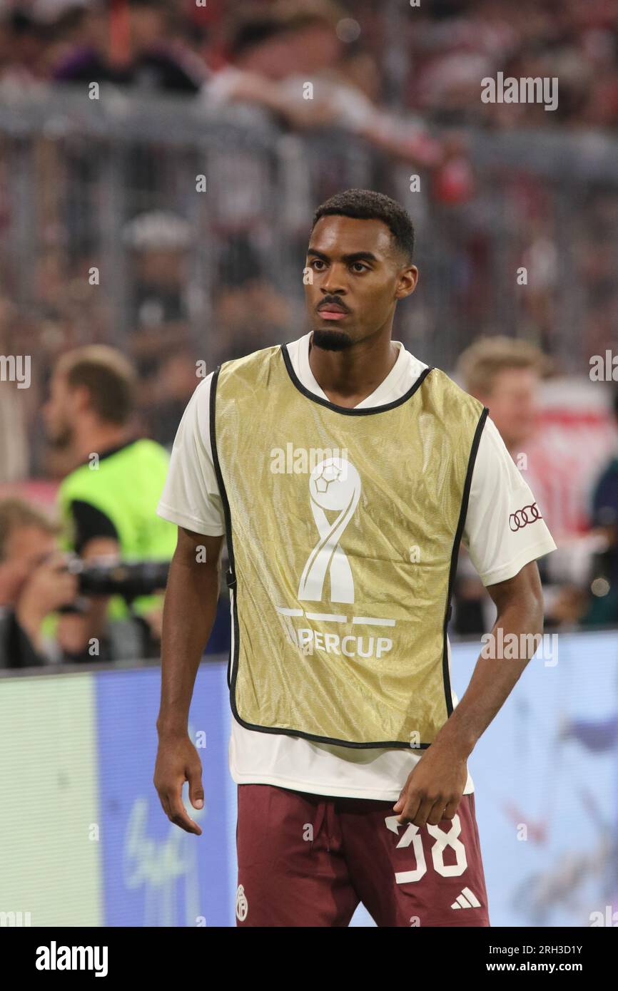 MUNICH, Germany. , . 38, Ryan Gravenberch warms up for the Supercup Football match between Fc Bayern Muenchen and RB LEIPZIG at the Allianz Arena in Munich on 12. AUGUSTR 2023, Germany. DFL, Fussball, 0:3 (Photo and copyright @ ATP images/Arthur THILL (THILL Arthur/ATP/SPP) Credit: SPP Sport Press Photo. /Alamy Live News Stock Photo