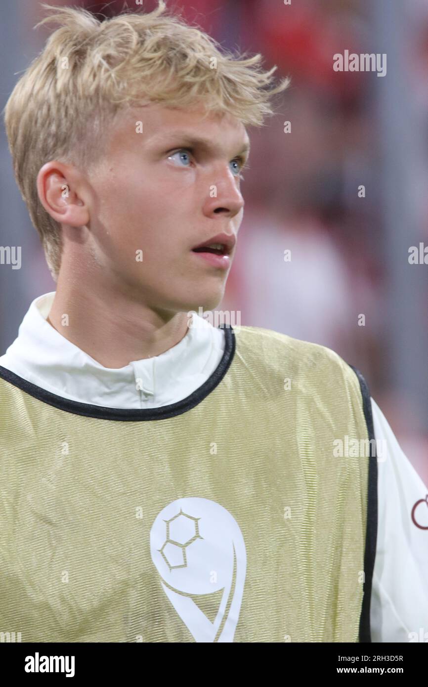 MUNICH, Germany. , . 41, Frans Krätzig, Kraetzig during warm up for the Supercup Football match between Fc Bayern Muenchen and RB LEIPZIG at the Allianz Arena in Munich on 12. AUGUSTR 2023, Germany. DFL, Fussball, 0:3 (Photo and copyright @ ATP images/Arthur THILL (THILL Arthur/ATP/SPP) Credit: SPP Sport Press Photo. /Alamy Live News Stock Photo