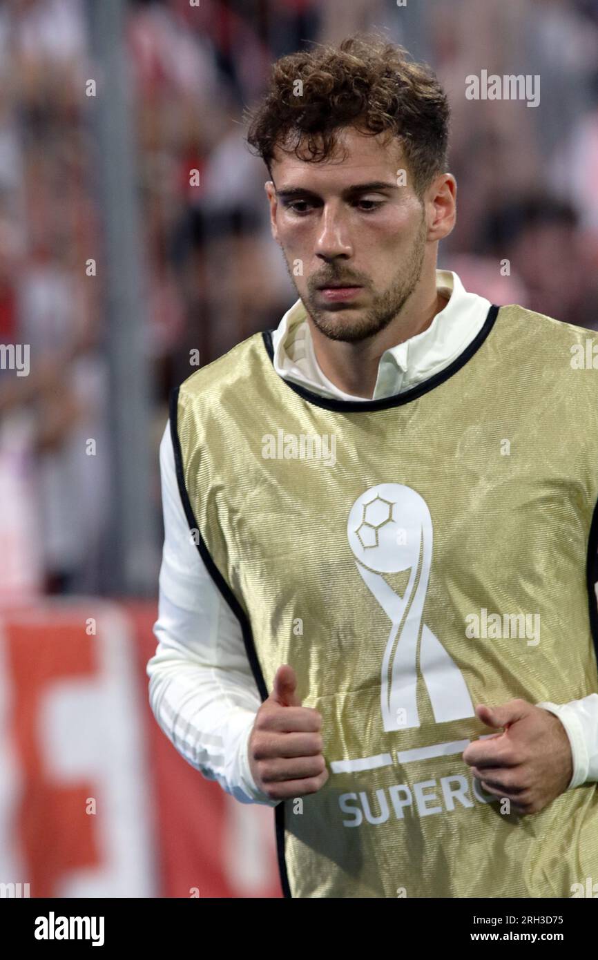 MUNICH, Germany. , . 8, Leon Goretzka of Bayern Muenchen during warm up for the Supercup Football match between Fc Bayern Muenchen and RB LEIPZIG at the Allianz Arena in Munich on 12. AUGUSTR 2023, Germany. DFL, Fussball, 0:3 (Photo and copyright @ ATP images/Arthur THILL (THILL Arthur/ATP/SPP) Credit: SPP Sport Press Photo. /Alamy Live News Stock Photo