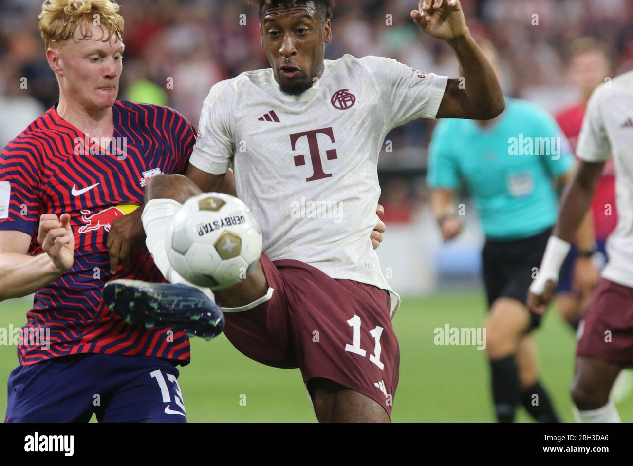 MUNICH, Germany. , . 13 Nicolas Seiwald of RB Leipzig vs 11, Kingsley Coman of Fc BAYERN during the Supercup Football match between Fc Bayern Muenchen and RB LEIPZIG at the Allianz Arena in Munich on 12. AUGUSTR 2023, Germany. DFL, Fussball, 0:3 (Photo and copyright @ ATP images/Arthur THILL (THILL Arthur/ATP/SPP) Credit: SPP Sport Press Photo. /Alamy Live News Stock Photo