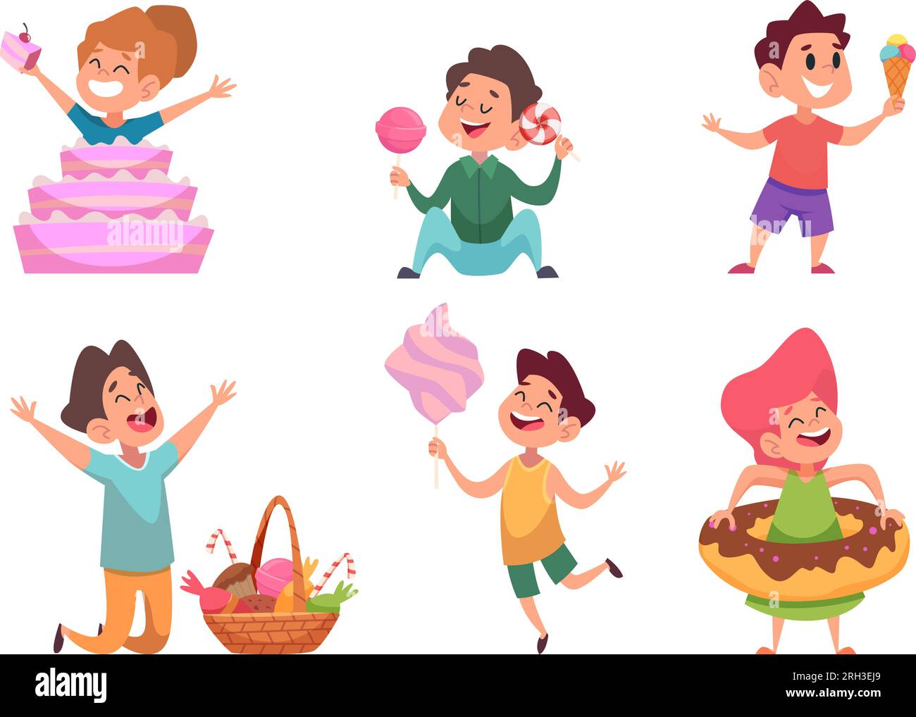Kids and candy. Happy children holding and eating different delicious food sweets cakes ice cream exact vector illustrations Stock Vector
