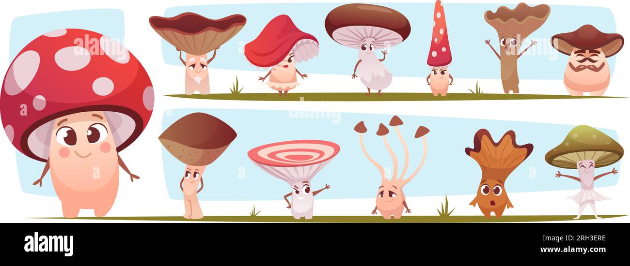 Mushroom. Cartoon characters mushroom in action poses and funny