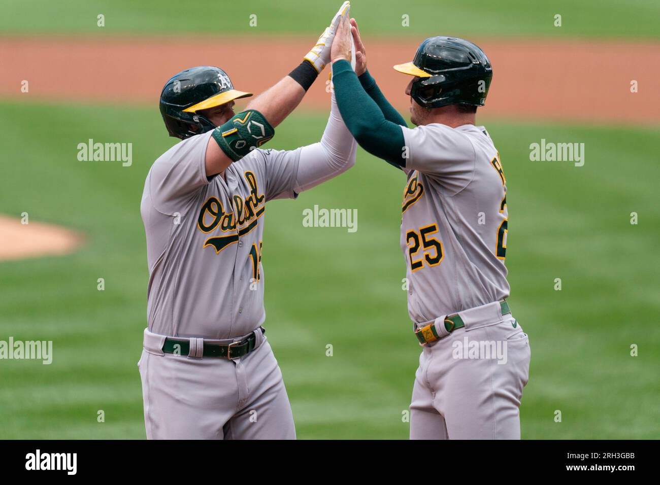 Oakland Athletics' Seth Brown, left, celebrates with Brent Rooker ...