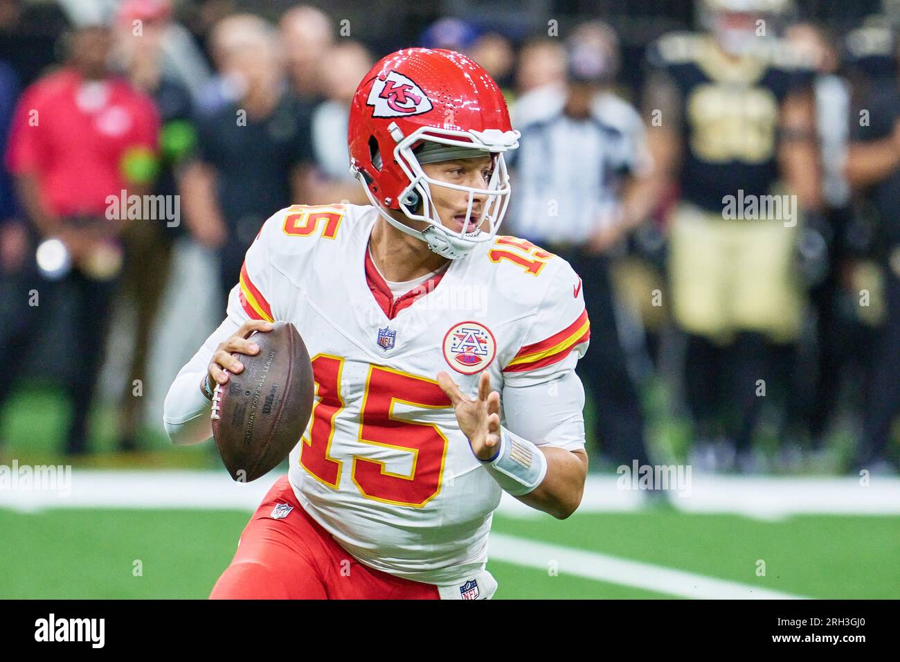 New Orleans, Louisiana, USA. 13th Aug, 2023. Kansas City Chiefs quarterback  Patrick Mahomes looks to pass against the New Orleans Saints in an NFL  preseason game in New Orleans, Louisiana USA on