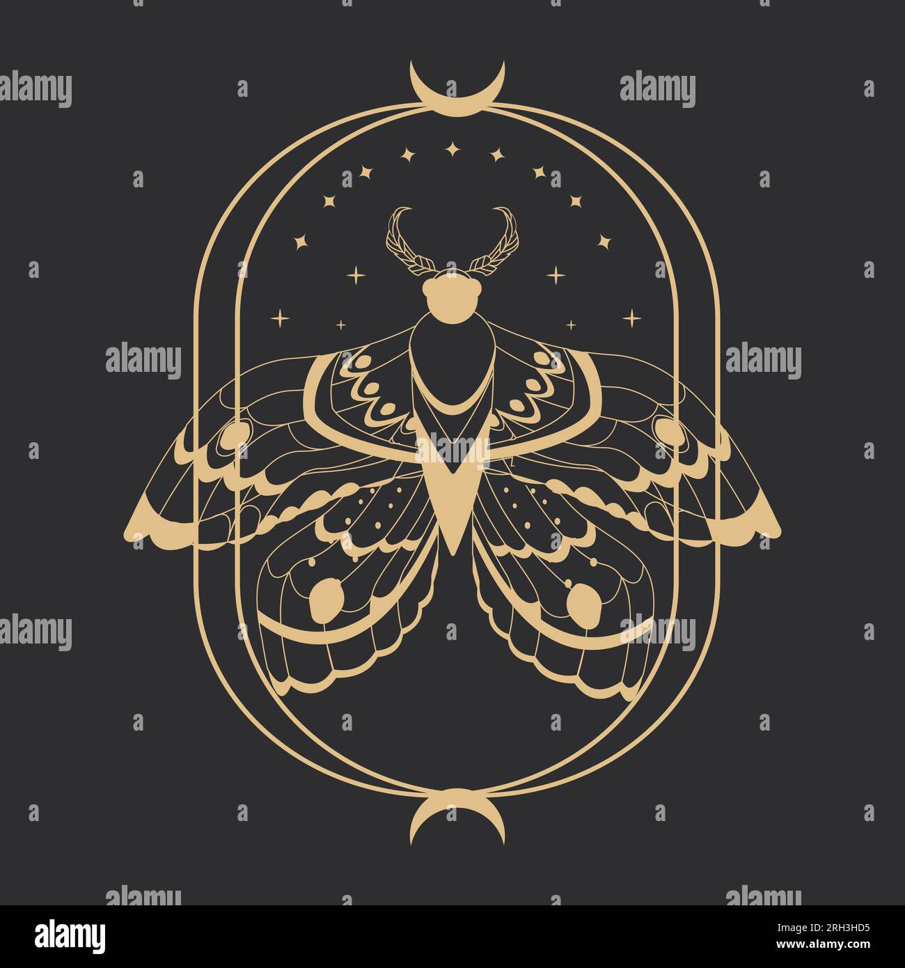 Magic Mystic Moth Silhouette Golden Line Art Isolated Boho Celestial 