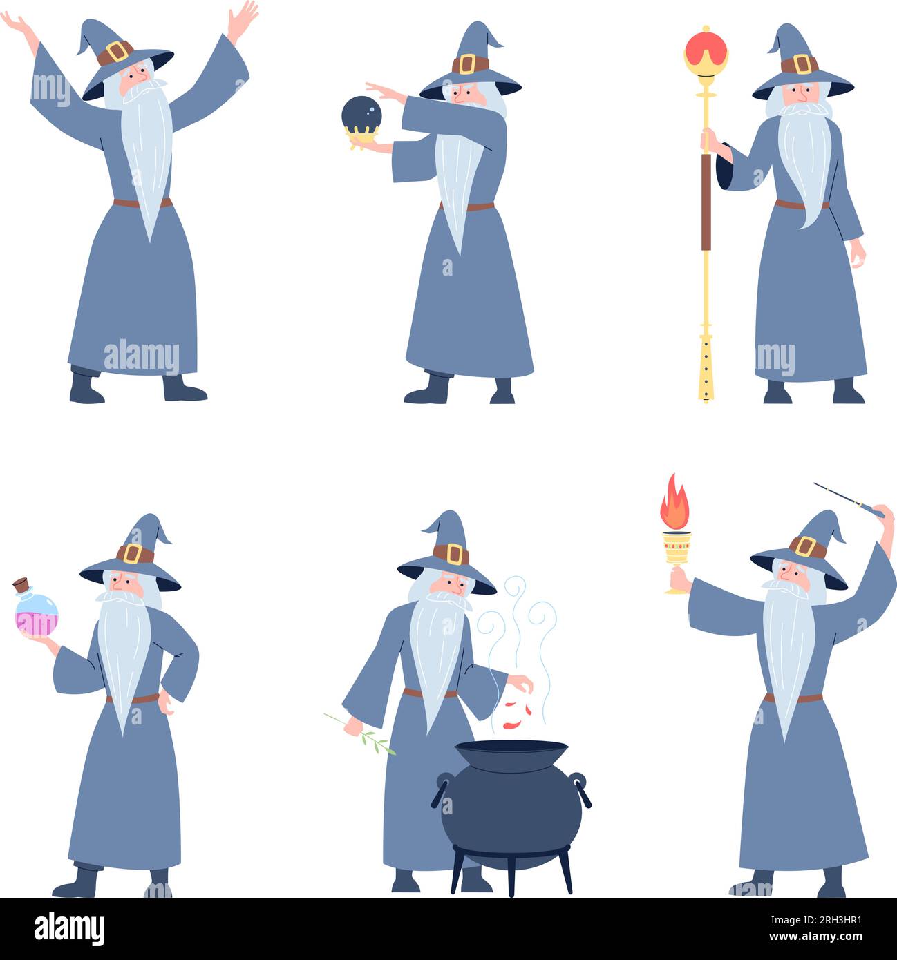 Magic character, old wizard cartoon set. Sorcerer action, medieval magician man in costume. Cute wise male with beard recent vector clipart Stock Vector