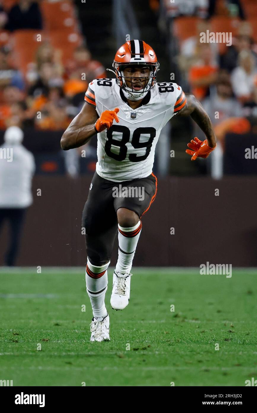 Cleveland Browns wide receiver Cedric Tillman (89) runs up the field during  an NFL pre-season football game against the Washington Commanders, Friday,  Aug. 11, 2023, in Cleveland. (AP Photo/Kirk Irwin Stock Photo 