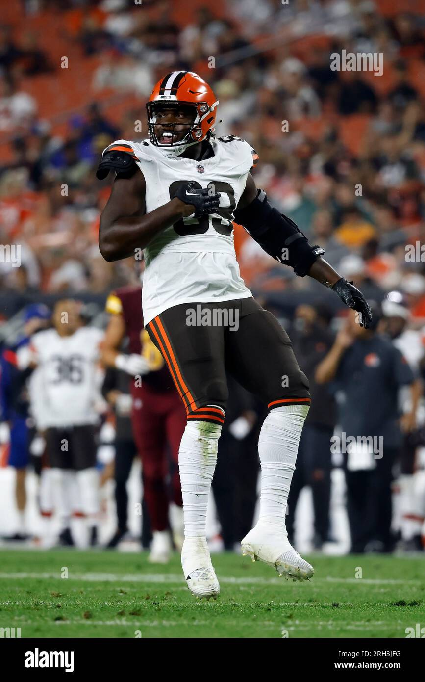 Cleveland Browns defensive lineman Jeremiah Martin (69) reacts after making  a defensive stop during an NFL pre-season football game against the  Washington Commanders, Friday, Aug. 11, 2023, in Cleveland. (AP Photo/Kirk  Irwin