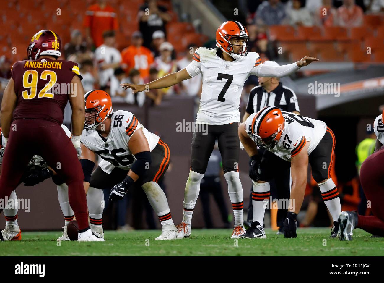 Cleveland Browns quarterback Kellen Mond (7) lines ups for a play during an  NFL pre-season football game against the Cleveland Browns, Friday, Aug. 11,  2023, in Cleveland. (AP Photo/Kirk Irwin Stock Photo 