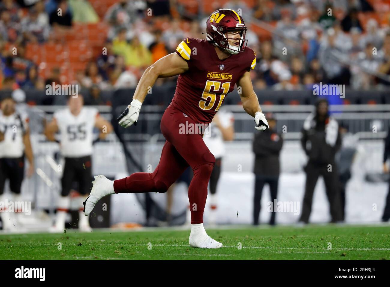 Washington Commanders linebacker David Mayo (51) runs after the ball during  an NFL pre-season football game against the Cleveland Browns, Friday, Aug.  11, 2023, in Cleveland. (AP Photo/Kirk Irwin Stock Photo - Alamy