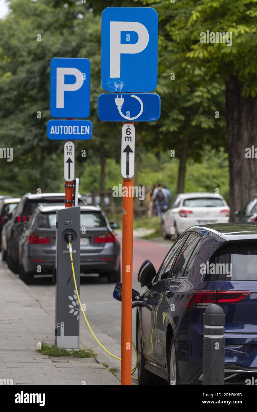 Gent, Belgium. 13th Aug, 2023. A traffic sign indicating parking spots for car sharing and electric vehicle charging pictured in Gent on Sunday 13 August 2023. BELGA PHOTO NICOLAS MAETERLINCK Credit: Belga News Agency/Alamy Live News Stock Photo