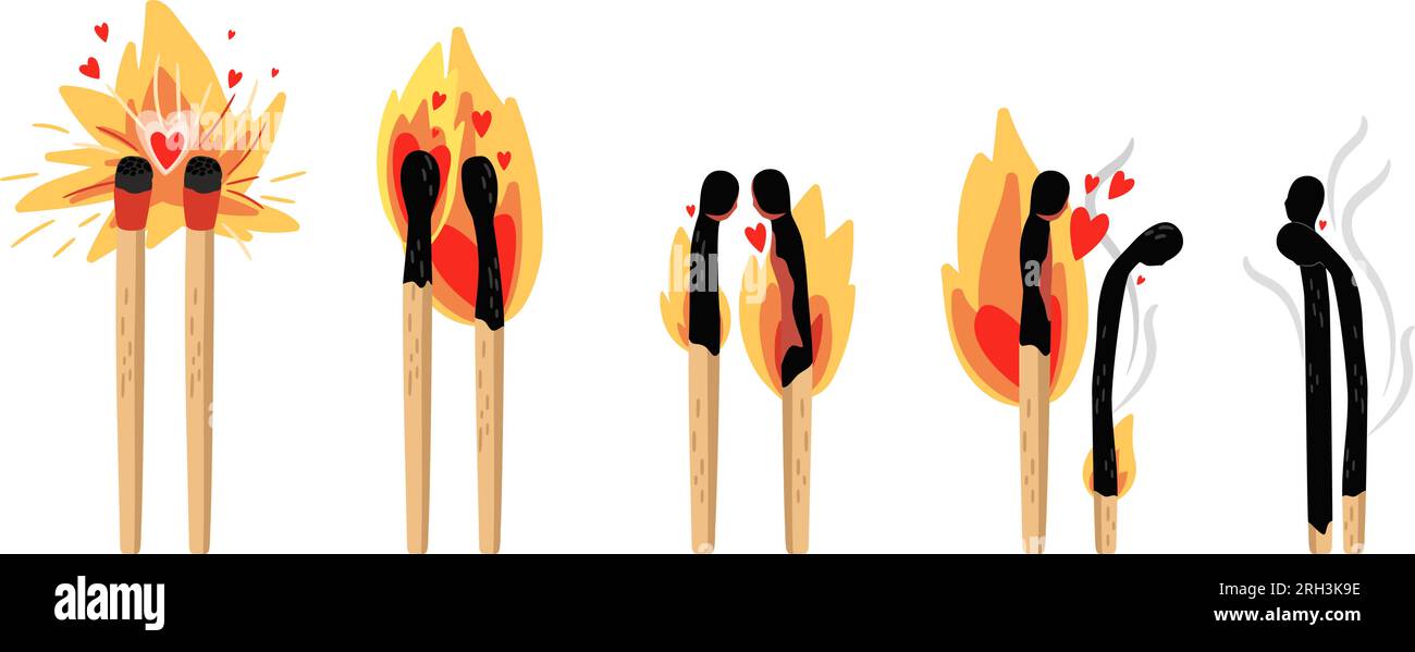 Set of burning match. Sequence steps of combustion. Wood matchstick