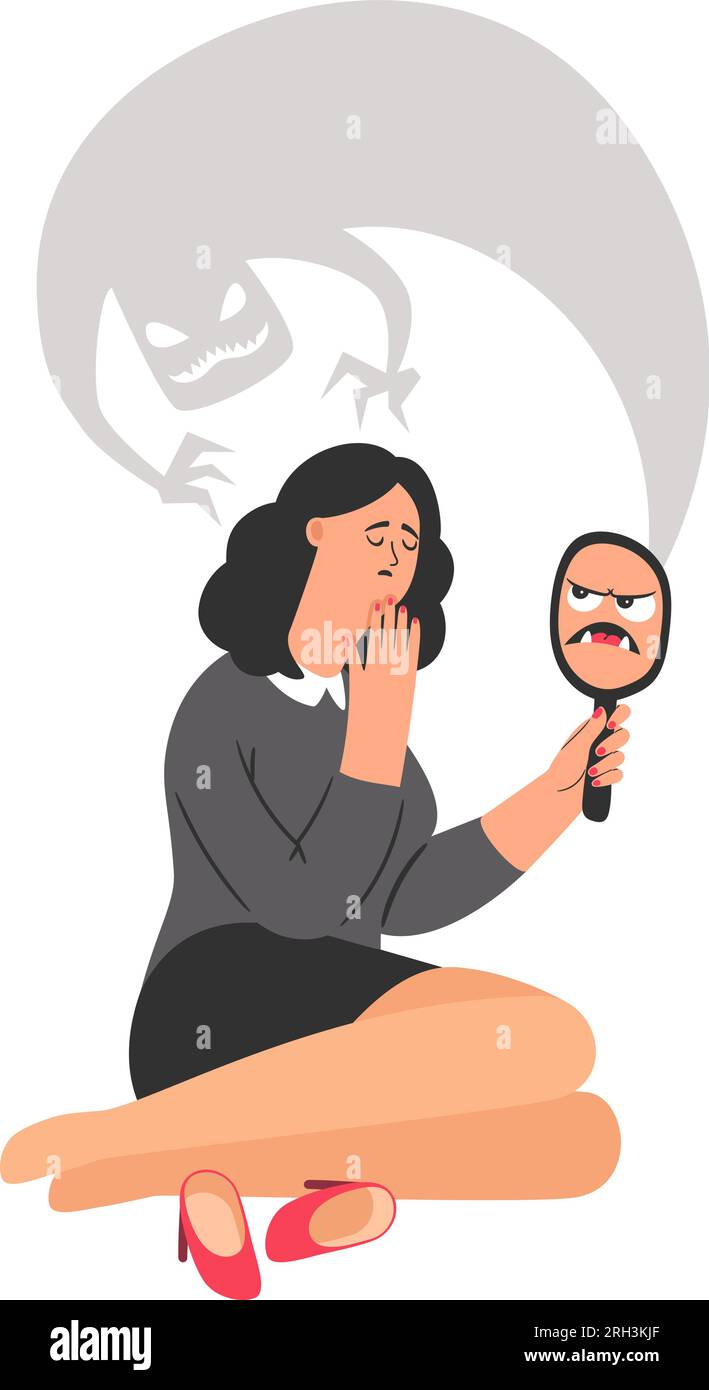 Young woman sees terrible reflection of low self-esteem in mirror. Upset sad person holding mirror in hand. Lack of self-love, dysmorphophobia. The reflection monster attack woman. Vector illustration Stock Vector