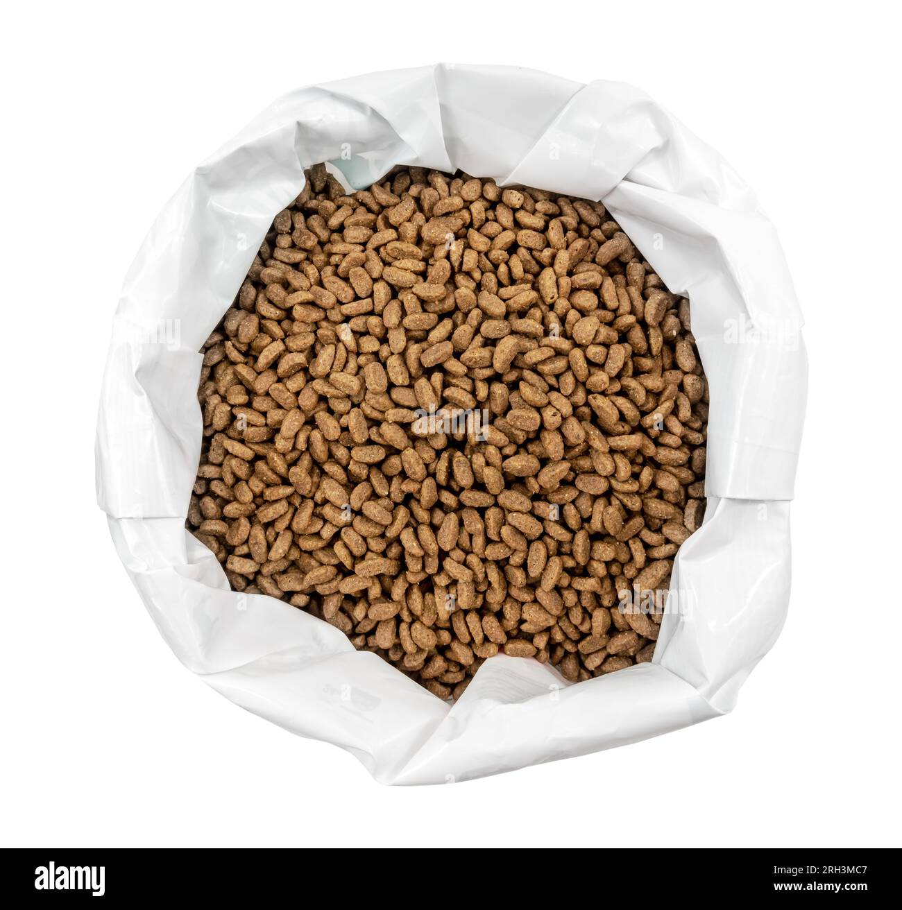 Dry dog food in a plastic bag on a white background. View from above
