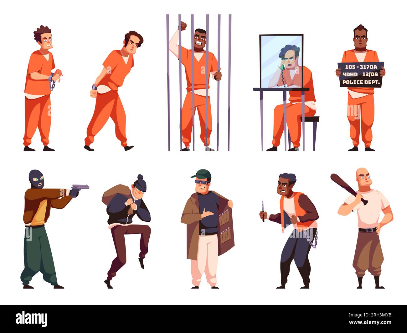 Cartoon criminal characters on outside and in prison. Robber, fraudster, dealer and hooligan, armed men, people in orange jumpsuits sitting in jail Stock Vector