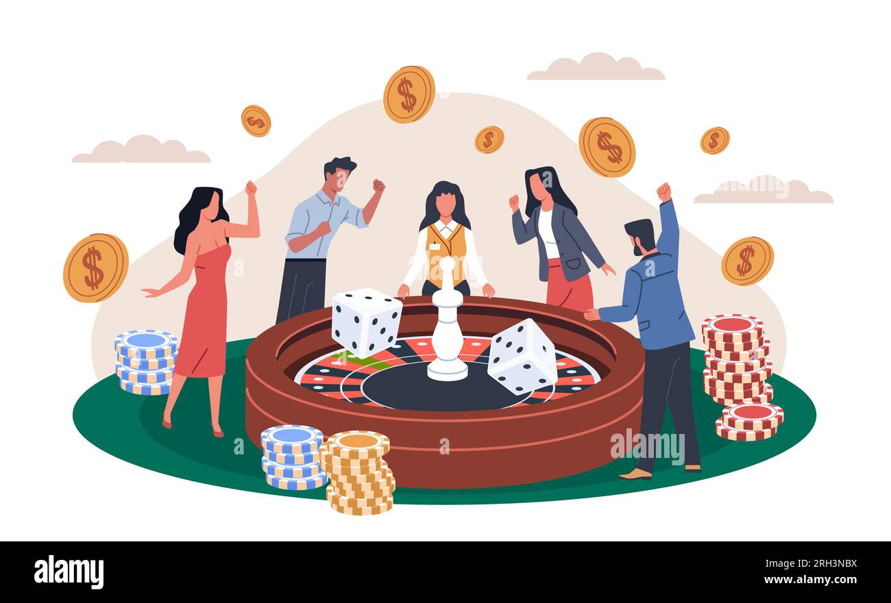 Happy roulette winners. Casino visitors, fortune favorites, people betting, gamblers play, cash winnings, jackpot, golden coins and chips, two dice Stock Vector