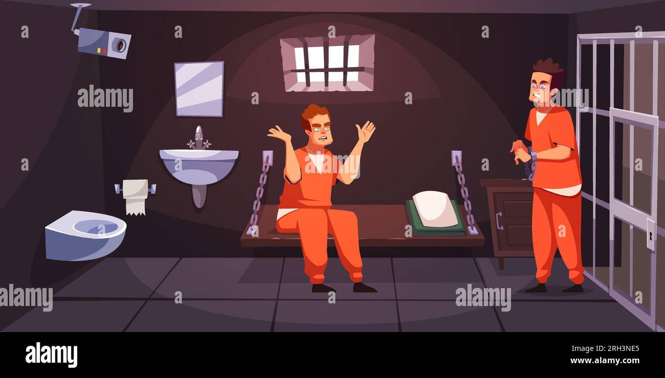 Prisoners in cell. Criminals serving punitive sentence, guys in orange jumpsuits, prison interior, bunk, bars and latrine. Life in jailhouse, arrested Stock Vector