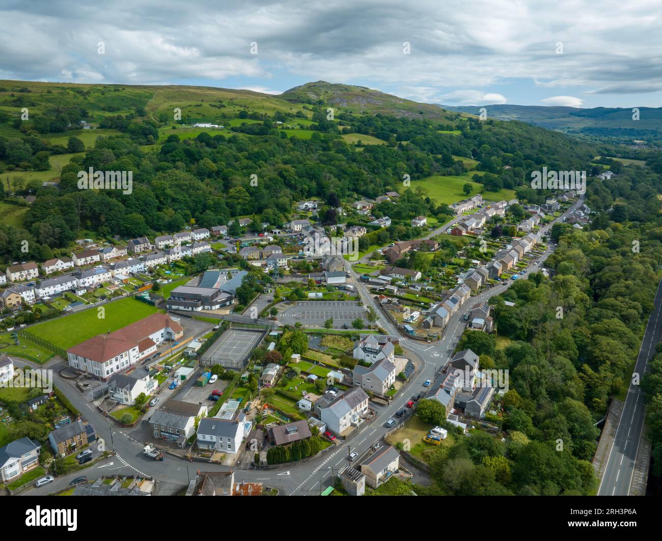 Editorial Swansea, UK - August 10, 2023: Aerial view of Abercrave and the mountain they call The Sleeping Giant, AKA Cribarth in South Wales UK Stock Photo