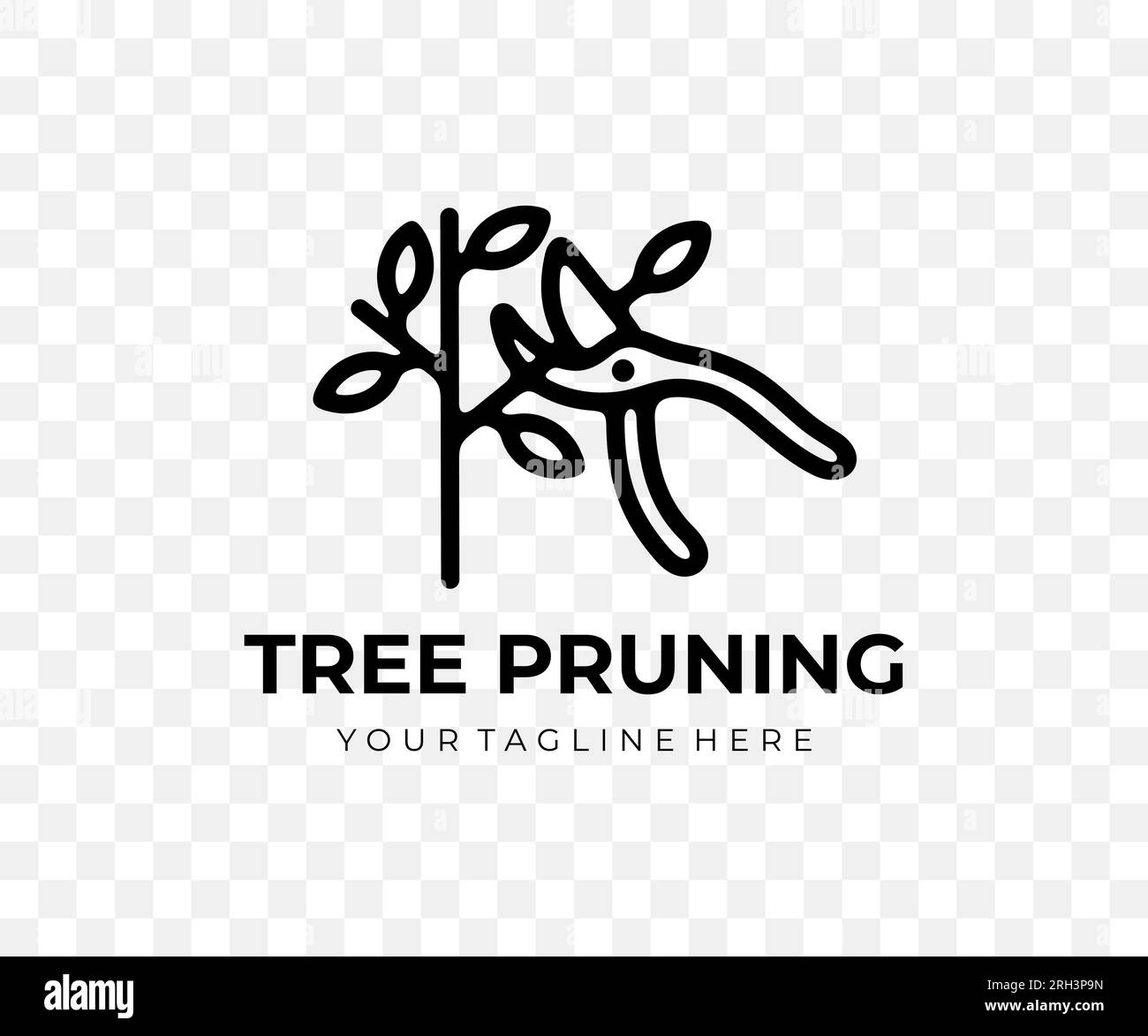 Tree pruning, garden pruner and secateurs, linear graphic design. Plant, trimming, nature