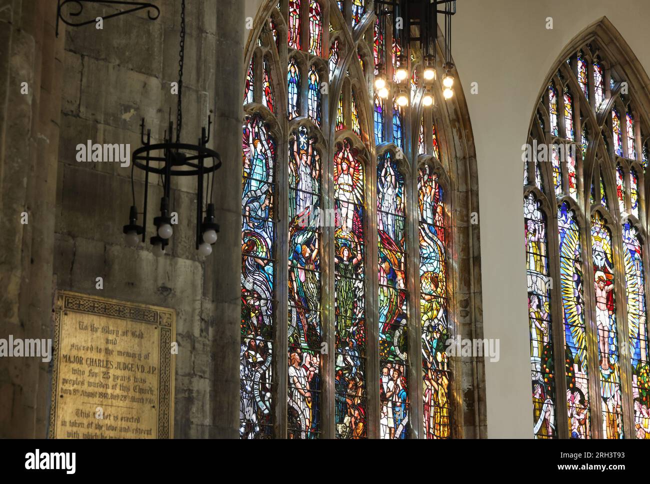 Stained glass windows in the nave of Hull Minster, in East Yorkshire