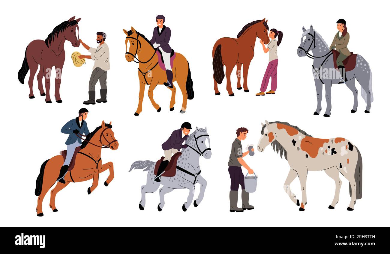 Cartoon people with horses. Cute jockeys in gear. Professional