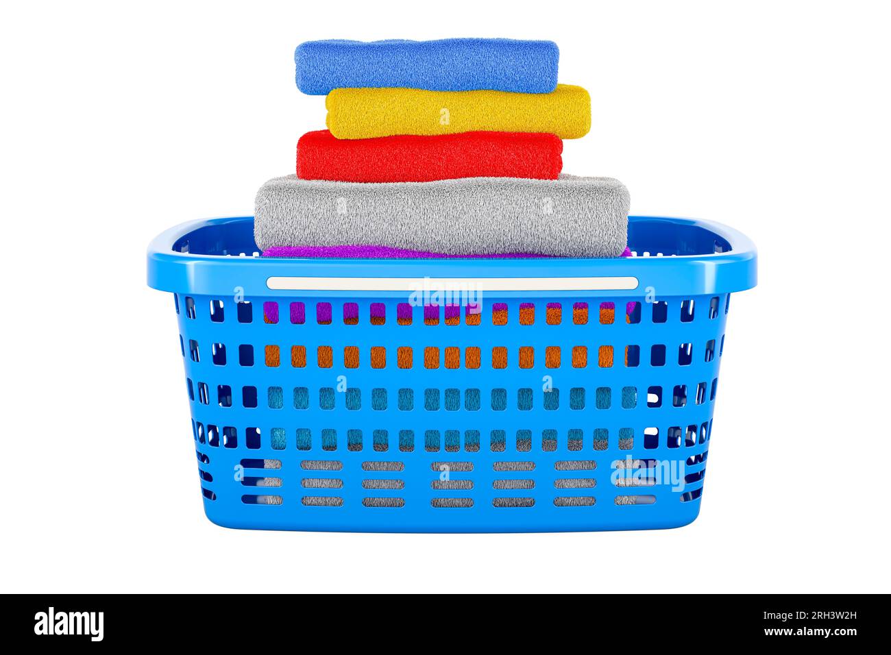 Laundry Basket with clean clothes and towels, 3D rendering isolated on