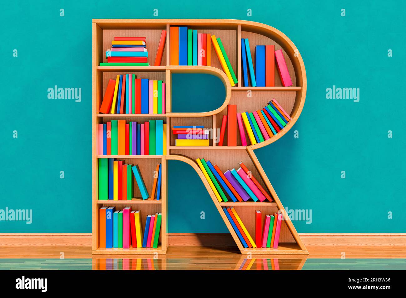 Letter R in the form of shelves with books in the room near wall, 3D ...