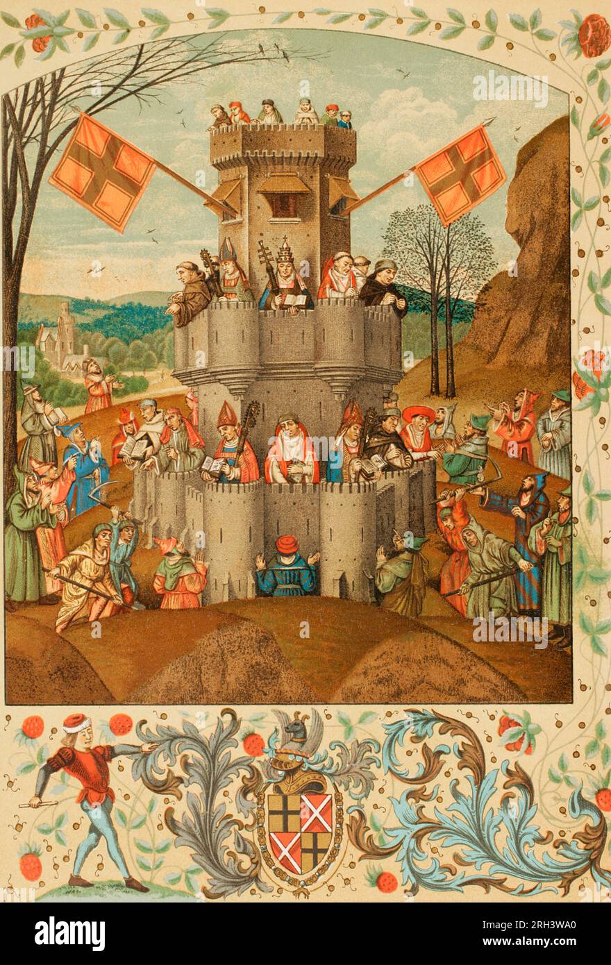 Representation of the Catholic Church as The Fortress of Faith. The defending forces of the Christian faith. Besieged by the impious and heretics, it is defended by the Pope, the bishops, the monks, and the Doctors of the Church, who are the knights of the faith. Below, coat of arms of Louis de Bruges (Louis de Gruuthuse), Flemish courtier and nobleman (ca. 1427-1492). Chromolithography from a 15th-century miniature. 'Vie Militaire et Religieuse au Moyen age et à l'Epoque de la Renaissance. Paris, 1877. Stock Photo