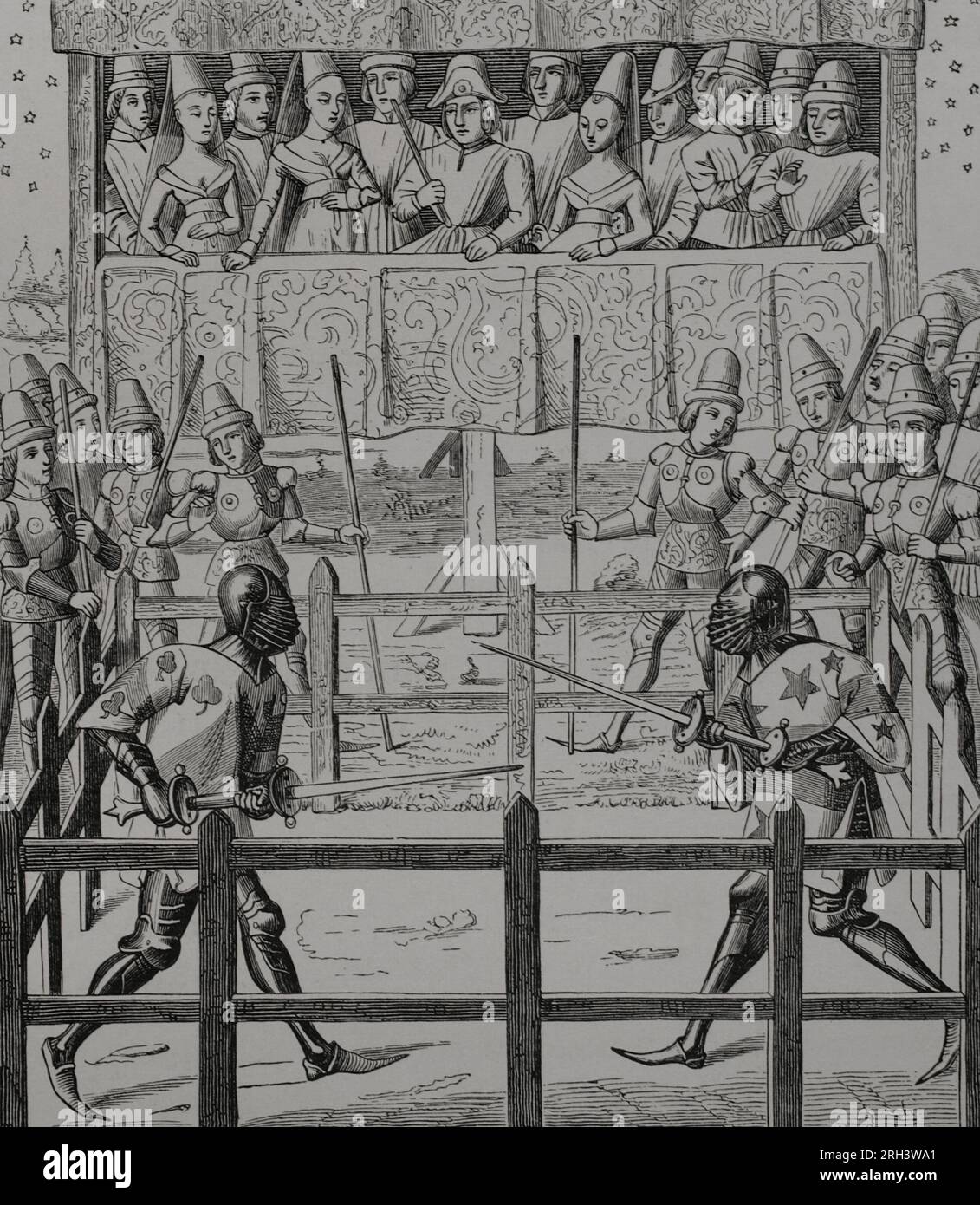 Middle Ages. Judgement of God. Trials by means of duels and combats to elucidate who was the possessor of the truth or to be right. Each side chose a champion to act on their behalf. The winner was proclaimed the possessor of the truth. Both sides out of their pavilions, ready to do their duty at the voice of the marshal who received the gauntlet. Duel between two knights using handled swords. Engraving from a miniature of 'Cérémonies des Gages de Bataille', 15th century. 'Vie Militaire et Religieuse au Moyen Age et à L'Epoque de la Renaissance'. Paris, 1877. Stock Photo