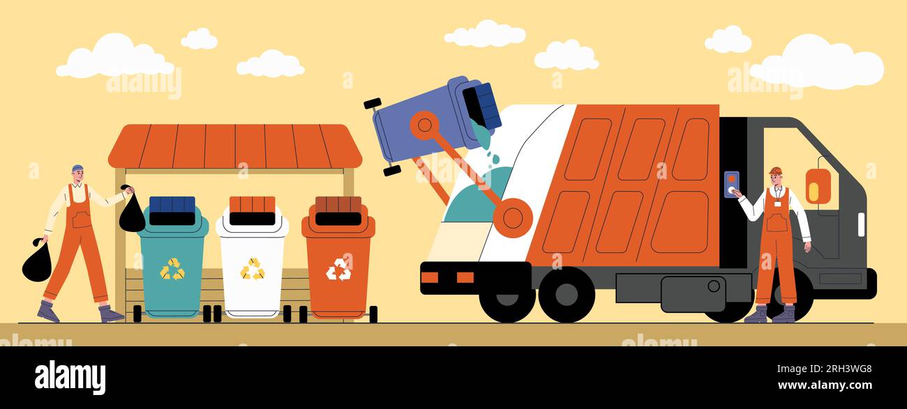 Garbage transportation. Shipment waste in truck. Workers in overalls