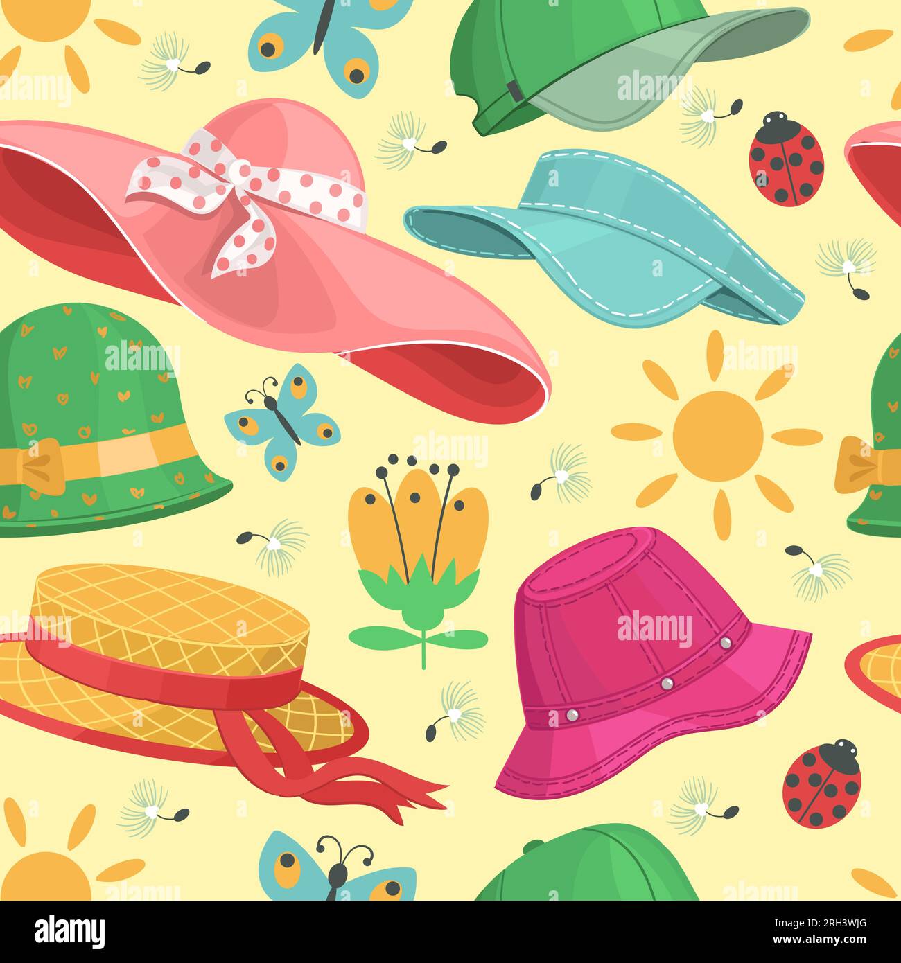 Hats and headgears seamless pattern. Cartoon summer wide brimmed panama. Caps and bowlers with ribbons. Straw boater. Flowers and butterflies. Beach Stock Vector