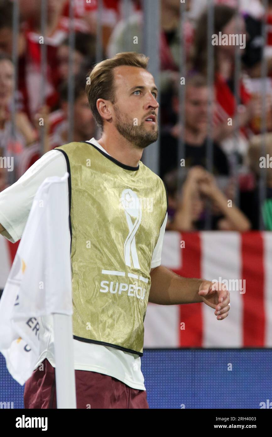 MUNICH, Germany. , . Harry KANE of England, now Fc Bayern Muenchen's number 9 is a newly signed player, forward in his first match for his new club, here seen during the Supercup Football match between Fc Bayern Muenchen and RB LEIPZIG at the Allianz Arena in Munich on 12. AUGUST 2023, Germany. Here during the warm up to play during the second half of the match, DFL, Fussball, 0:3 (Photo and copyright @ ATP images/Arthur THILL (THILL Arthur/ATP/SPP) Credit: SPP Sport Press Photo. /Alamy Live News Stock Photo