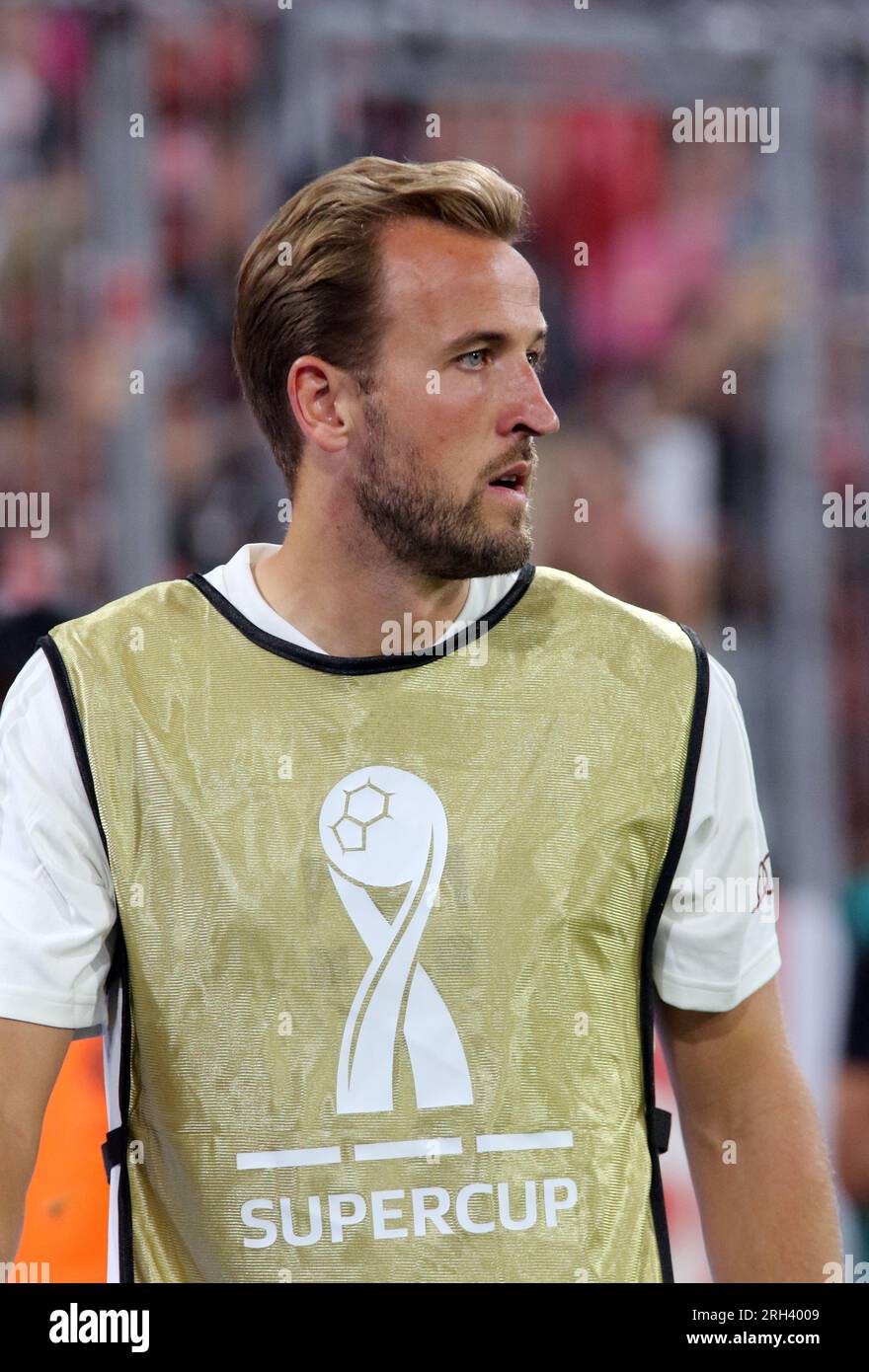 MUNICH, Germany. , . Harry KANE of England, now Fc Bayern Muenchen's number 9 is a newly signed player, forward in his first match for his new club, here seen during the Supercup Football match between Fc Bayern Muenchen and RB LEIPZIG at the Allianz Arena in Munich on 12. AUGUST 2023, Germany. Here during the warm up to play during the second half of the match, DFL, Fussball, 0:3 (Photo and copyright @ ATP images/Arthur THILL (THILL Arthur/ATP/SPP) Credit: SPP Sport Press Photo. /Alamy Live News Stock Photo