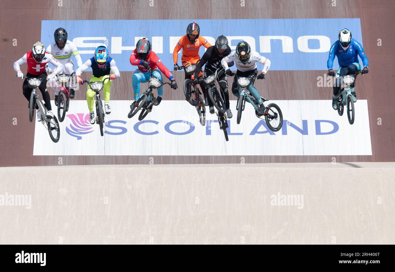Glasgow BMX Centre, Glasgow, Scotland, UK. 13th Aug, 2023. UCI Cycling World Championships BMX Racing MEN's under 23 - competitors leave the start gate and race down the 8m high start ramp. Filib STEINER (left) went on to take gold Credit: Kay Roxby/Alamy Live News Stock Photo