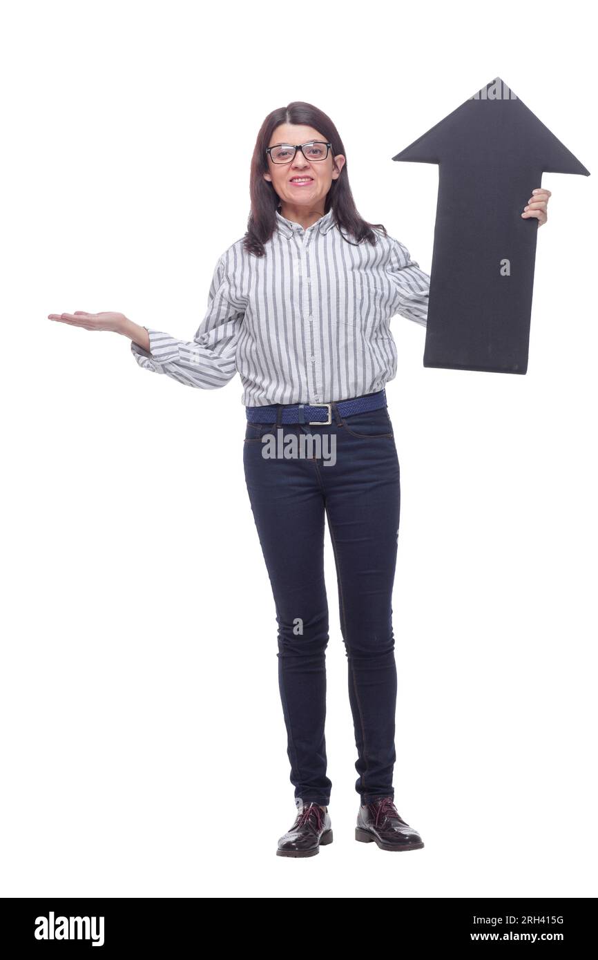 Woman holding big direction arrow hi-res stock photography and images ...