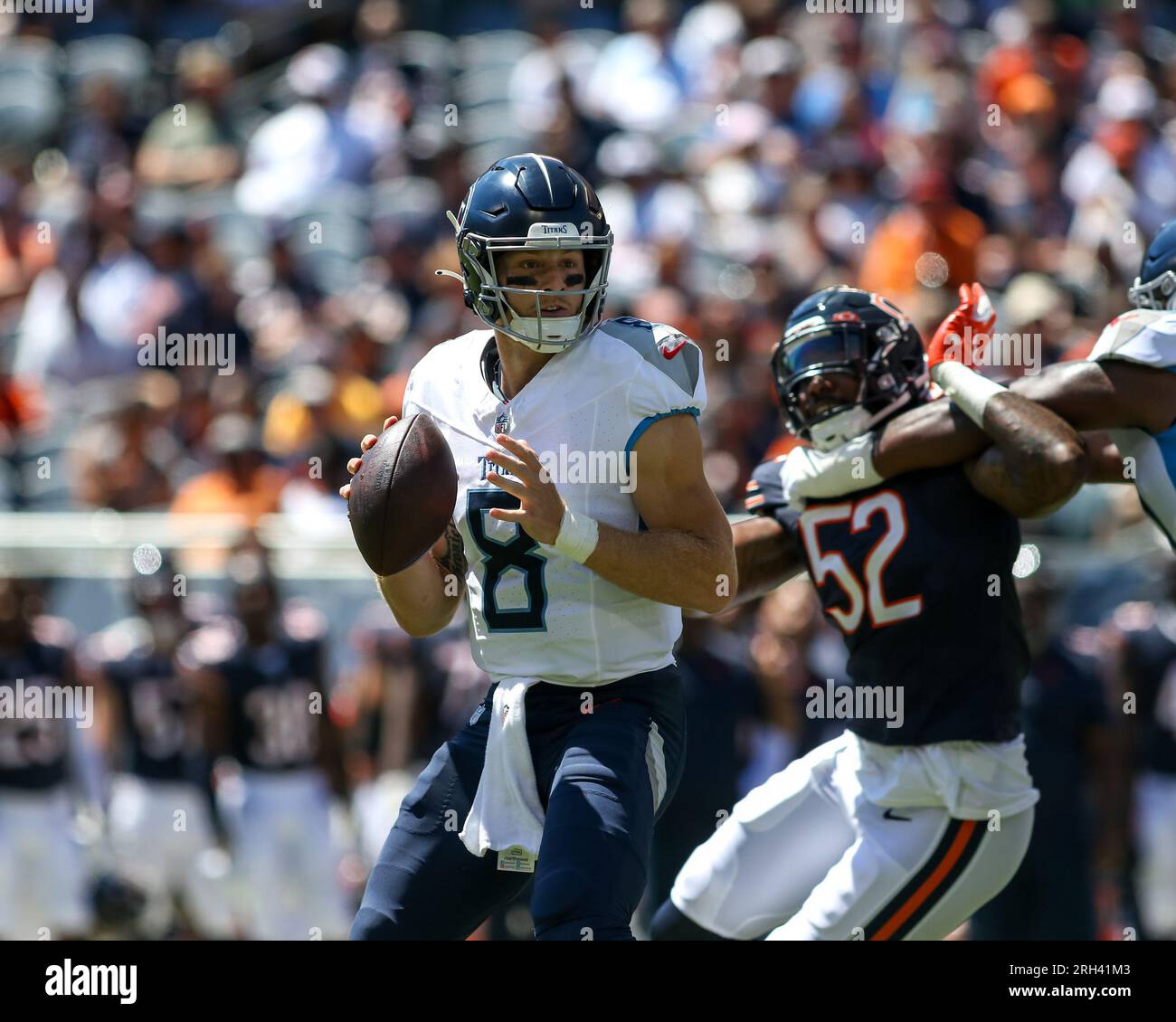 August 12, 2023 - Tennessee Titans quarterback Malik Willis (7) runs in a  touchdown during NFL preseason football game between the Chicago Bears vs  the Tennessee Titans in Chicago, IL (Credit Image: