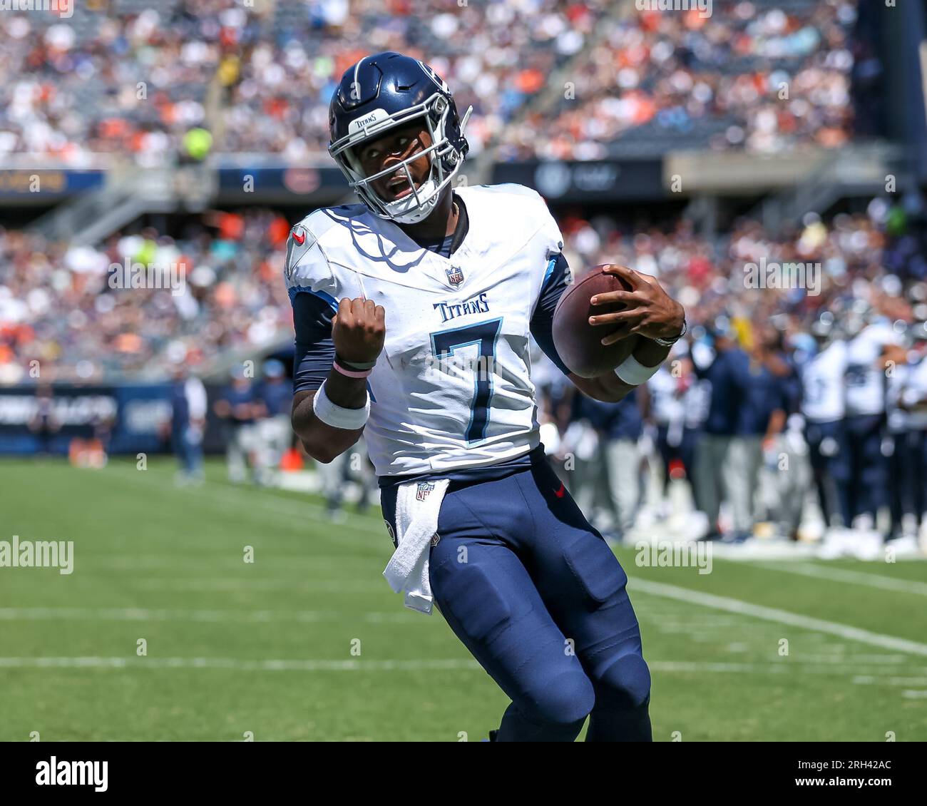 August 12, 2023 - Tennessee Titans quarterback Malik Willis (7) runs in a  touchdown during NFL preseason football game between the Chicago Bears vs  the Tennessee Titans in Chicago, IL (Credit Image: