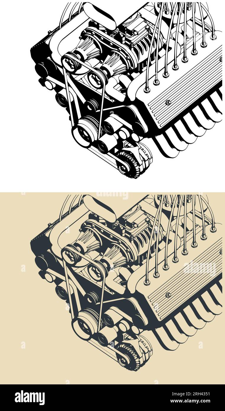 Stylized vector illustrations of a powerful V engine close-up Stock Vector