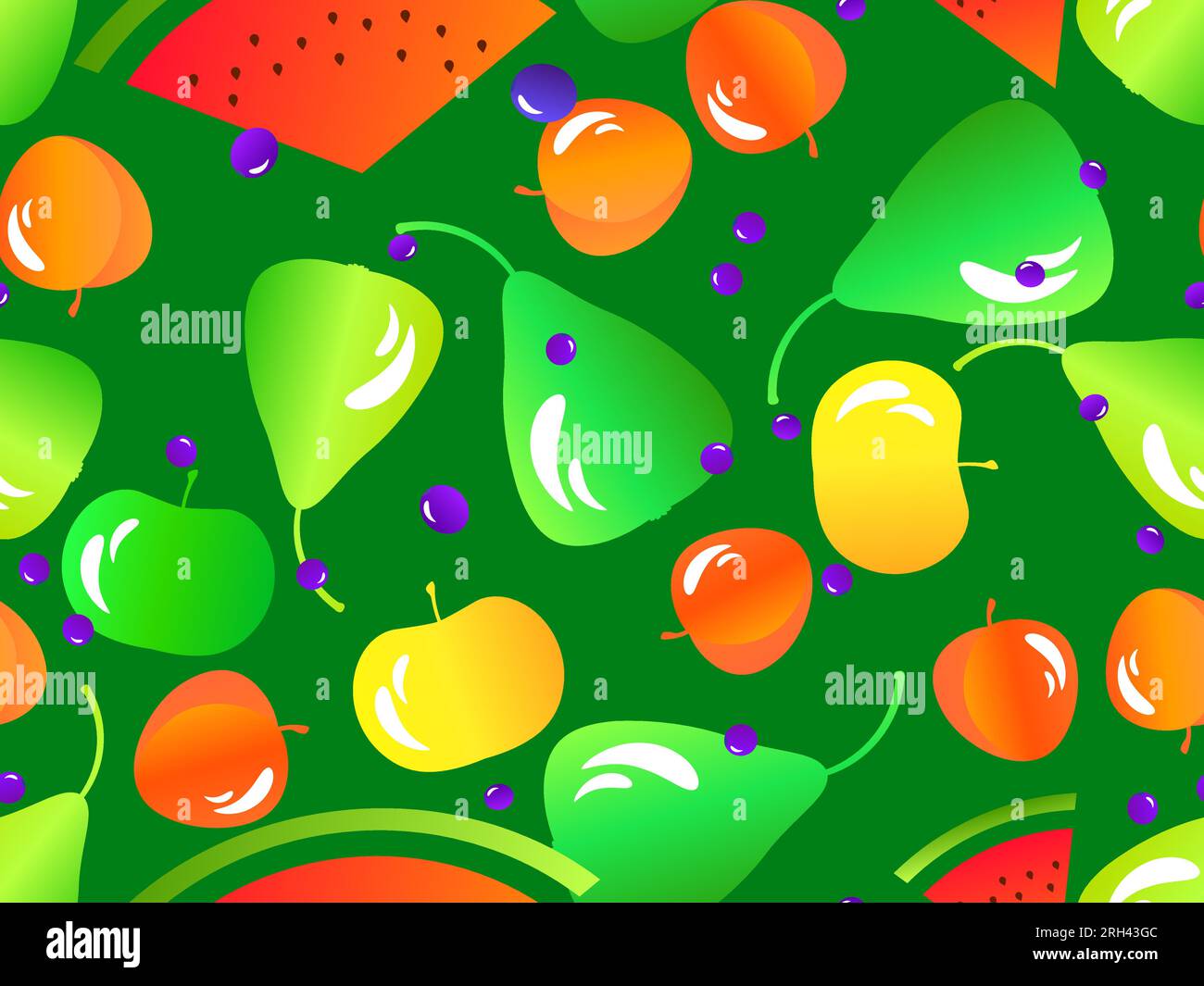 Seamless pattern with pears, apples, blueberries, peaches and watermelons. Summer fruit and berry mix, fruits and berries in 3d style with a gradient. Stock Vector
