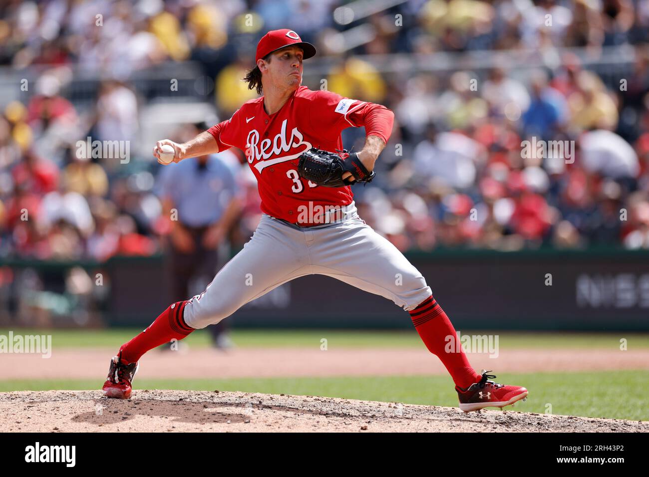 PITTSBURGH, PA - AUGUST 13: Cincinnati Reds right fielder Will Benson (30)  bats during an MLB game against the Pittsburgh Pirates on August 13, 2023  at PNC Park in Pittsburgh, Pennsylvania. (Photo