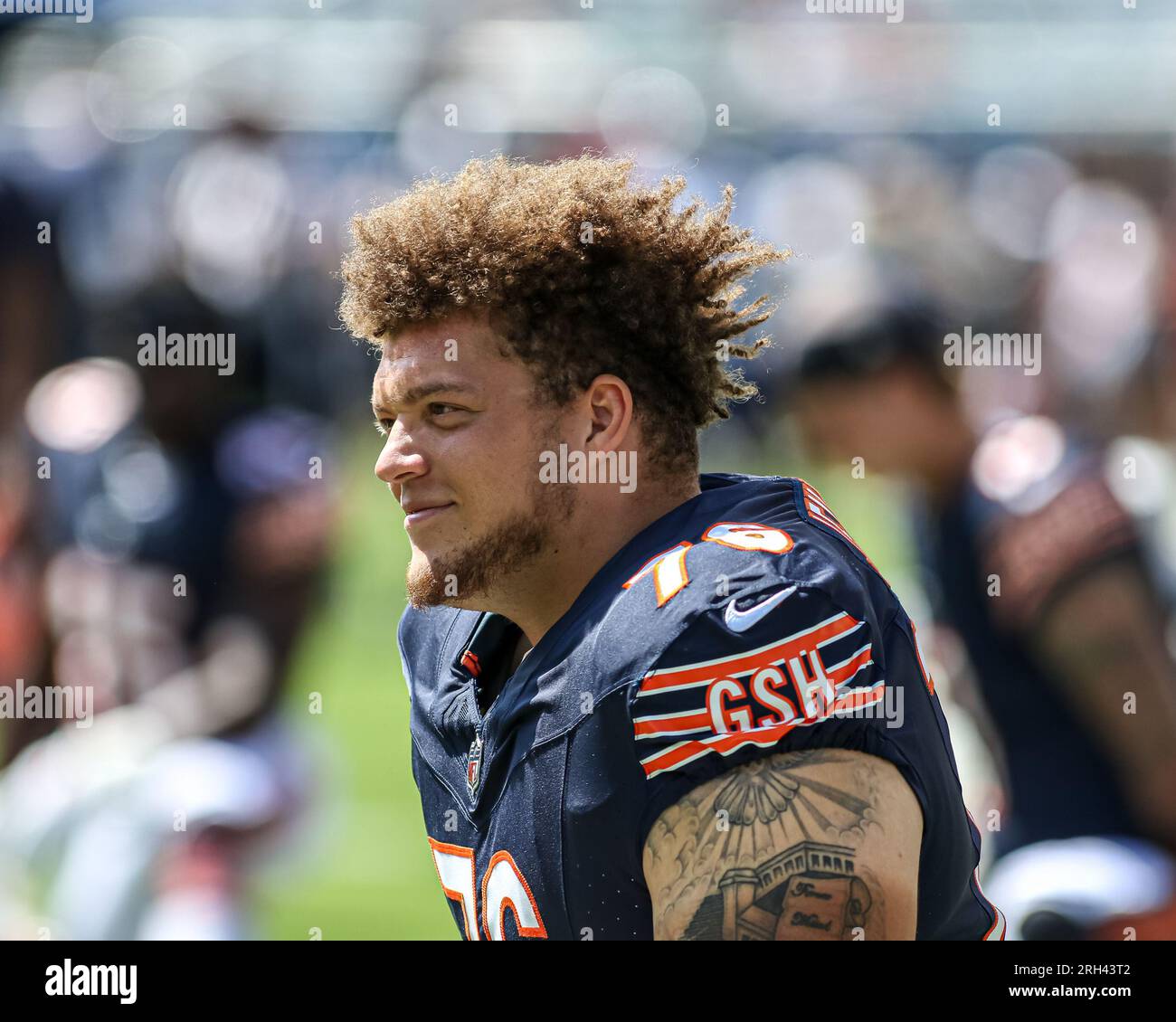 August 12, 2023 - Chicago Bears offensive tackle Teven Jenkins (76)  stretches before their NFL preseason football game between vs the Tennessee  Titans in Chicago, IL (Credit Image: Gary E. Duncan Sr/CSM) (