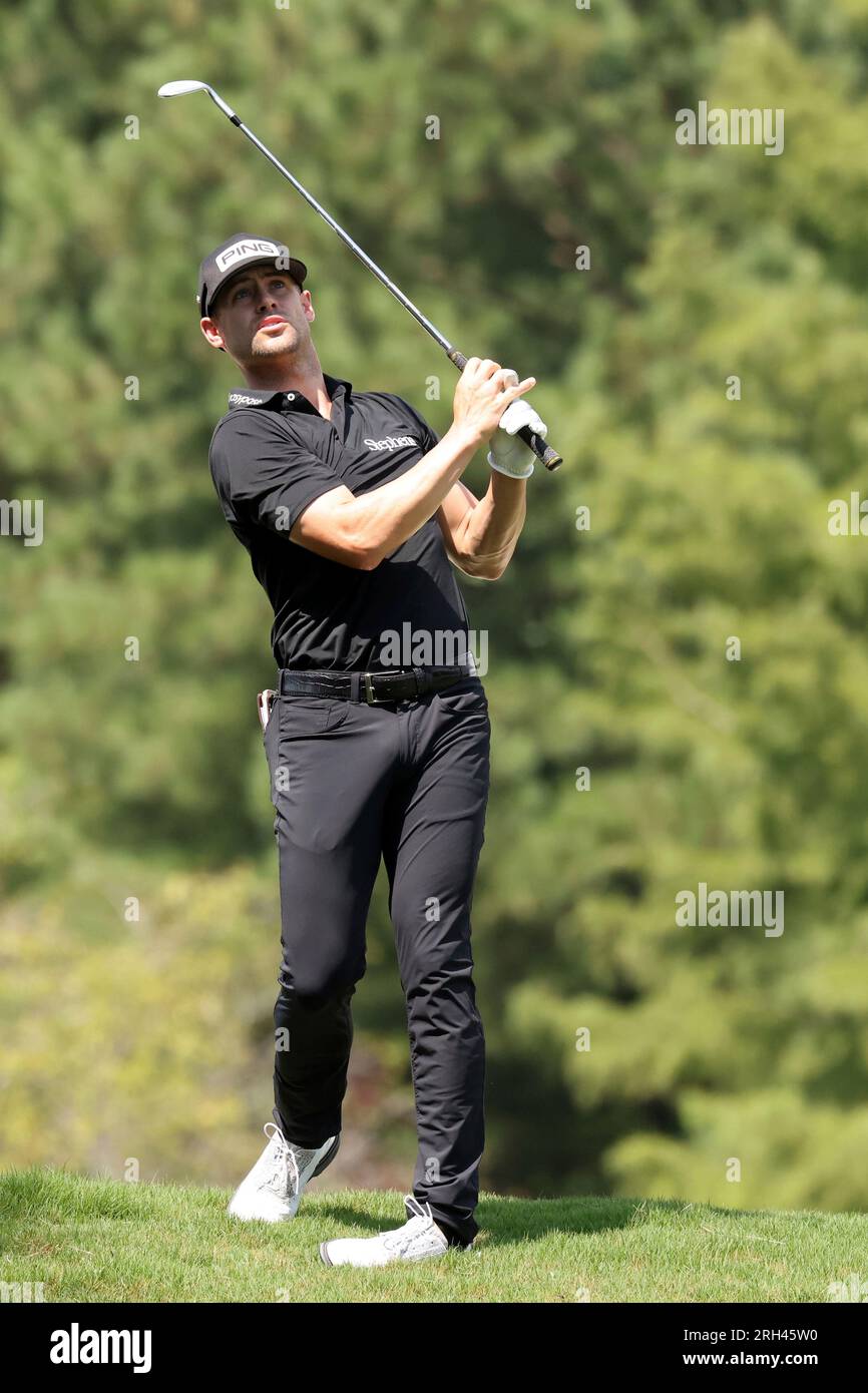 MEMPHIS, TN - AUGUST 13: Taylor Moore hits a shot from the rough on No. 1  during the final round of the FedEx St. Jude Championship, August 13, 2023  at TPC Southwind