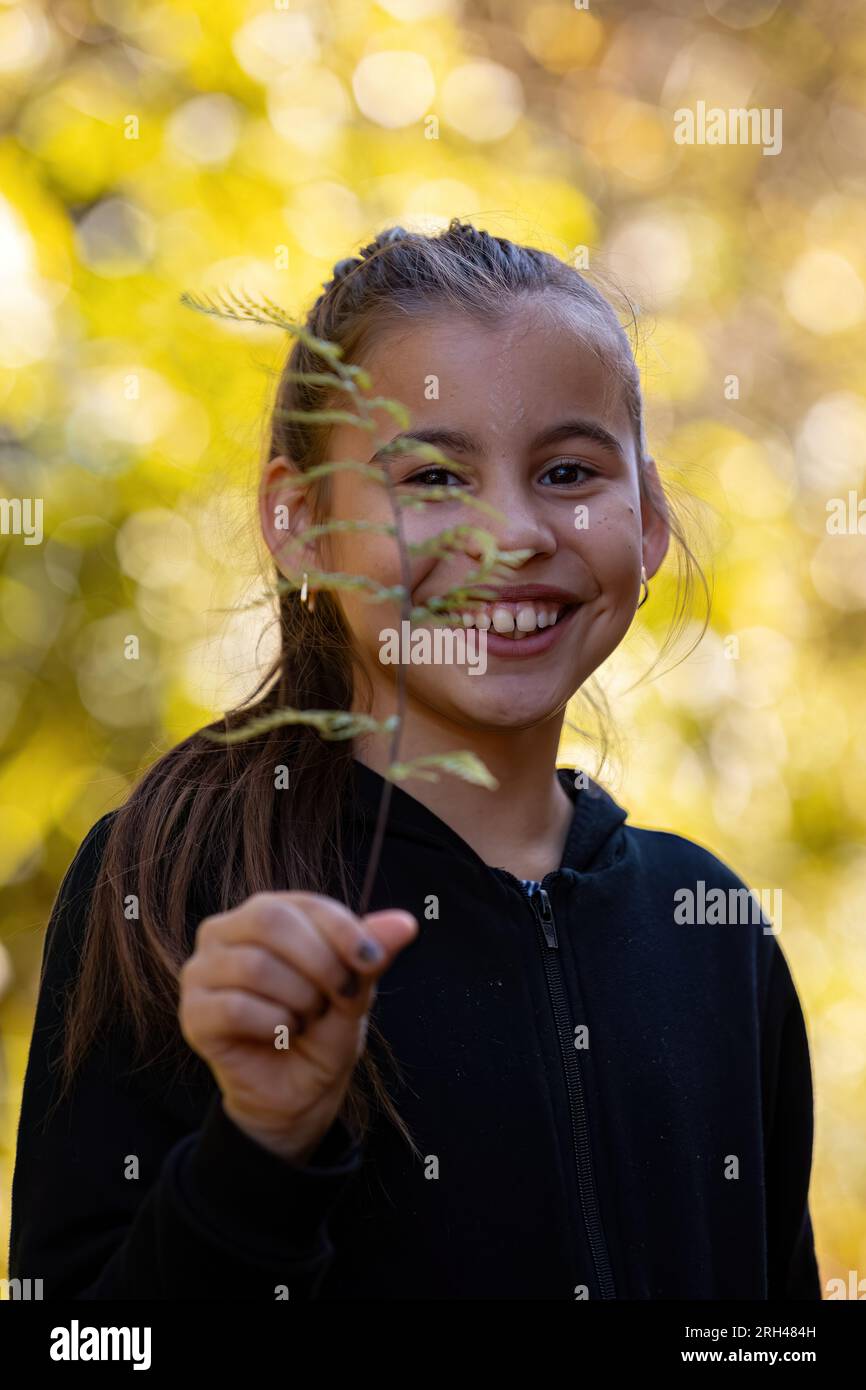 closeup of child girl holding a branch of Silver Fern Stock Photo