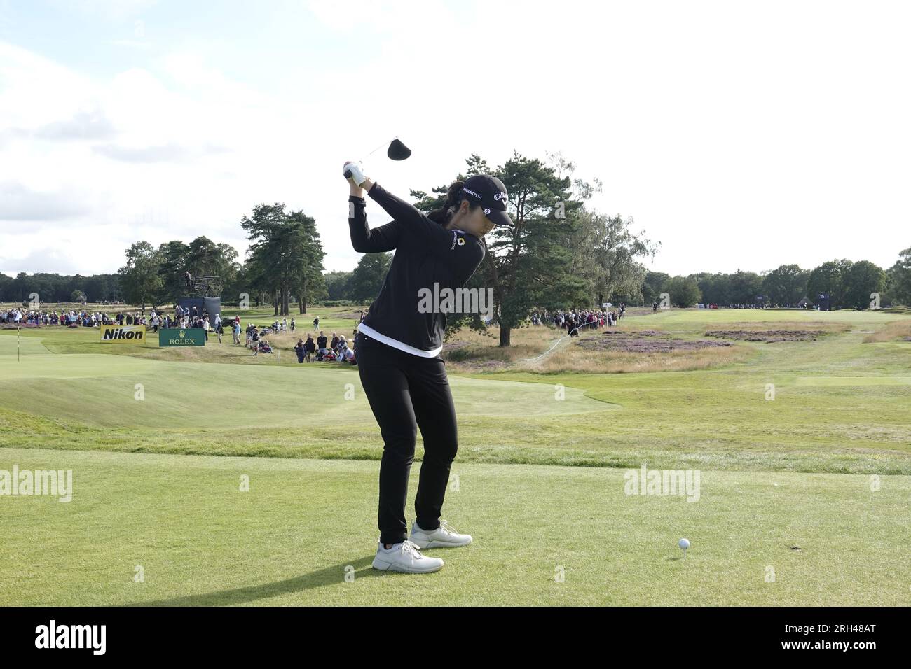 Walton on the Hill, Surrey, UK. 13th Aug, 2023. Action on the final day of The AIG WomenÕs Open at Walton Heath Golf Club ( organised by the Royal & Ancient Golf Club of St. Andrews - R&A Our picture shows: Andrea Lee (USA) drives on 15th tee. Credit: Motofoto/Alamy Live News Stock Photo