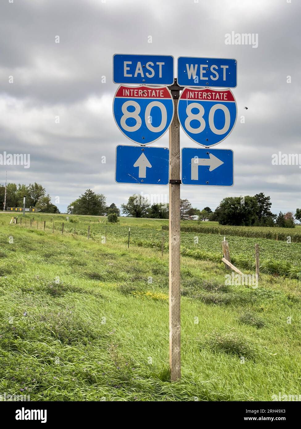 interstate highway 80 direction road signs in rural Nebraska Stock Photo