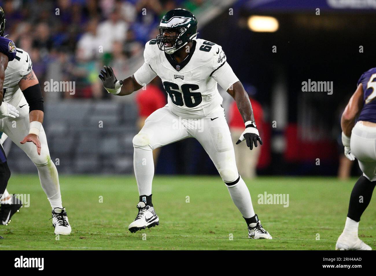 Philadelphia Eagles offensive tackle Roderick Johnson (66) in action during  the second half of an NFL preseason football game against the Baltimore  Ravens, Saturday, Aug. 12, 2023, in Baltimore. (AP Photo/Nick Wass