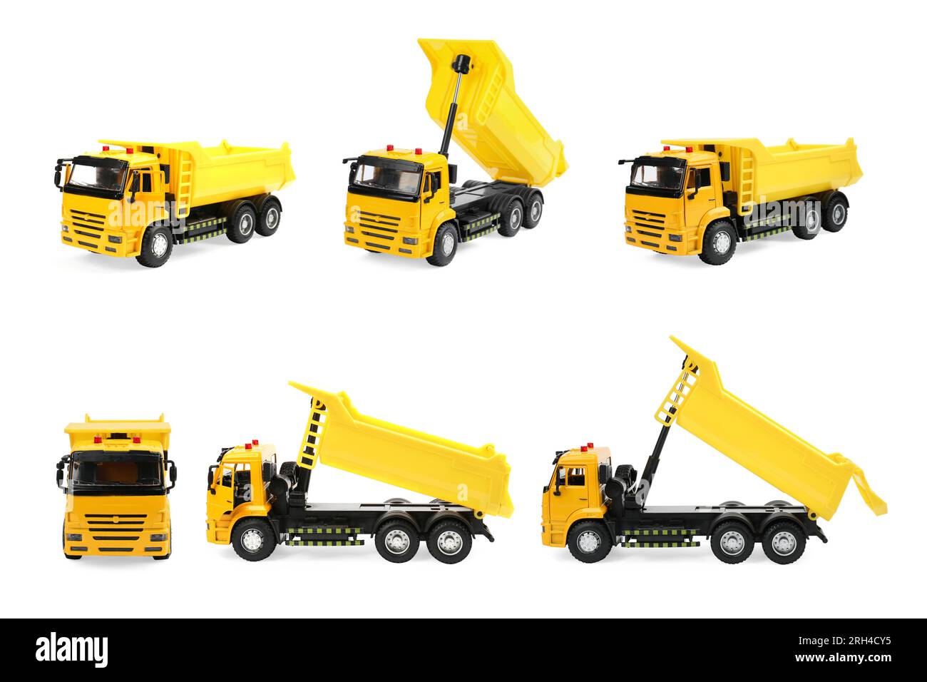 Yellow truck isolated on white, different angles. Collage design with children's toy Stock Photo
