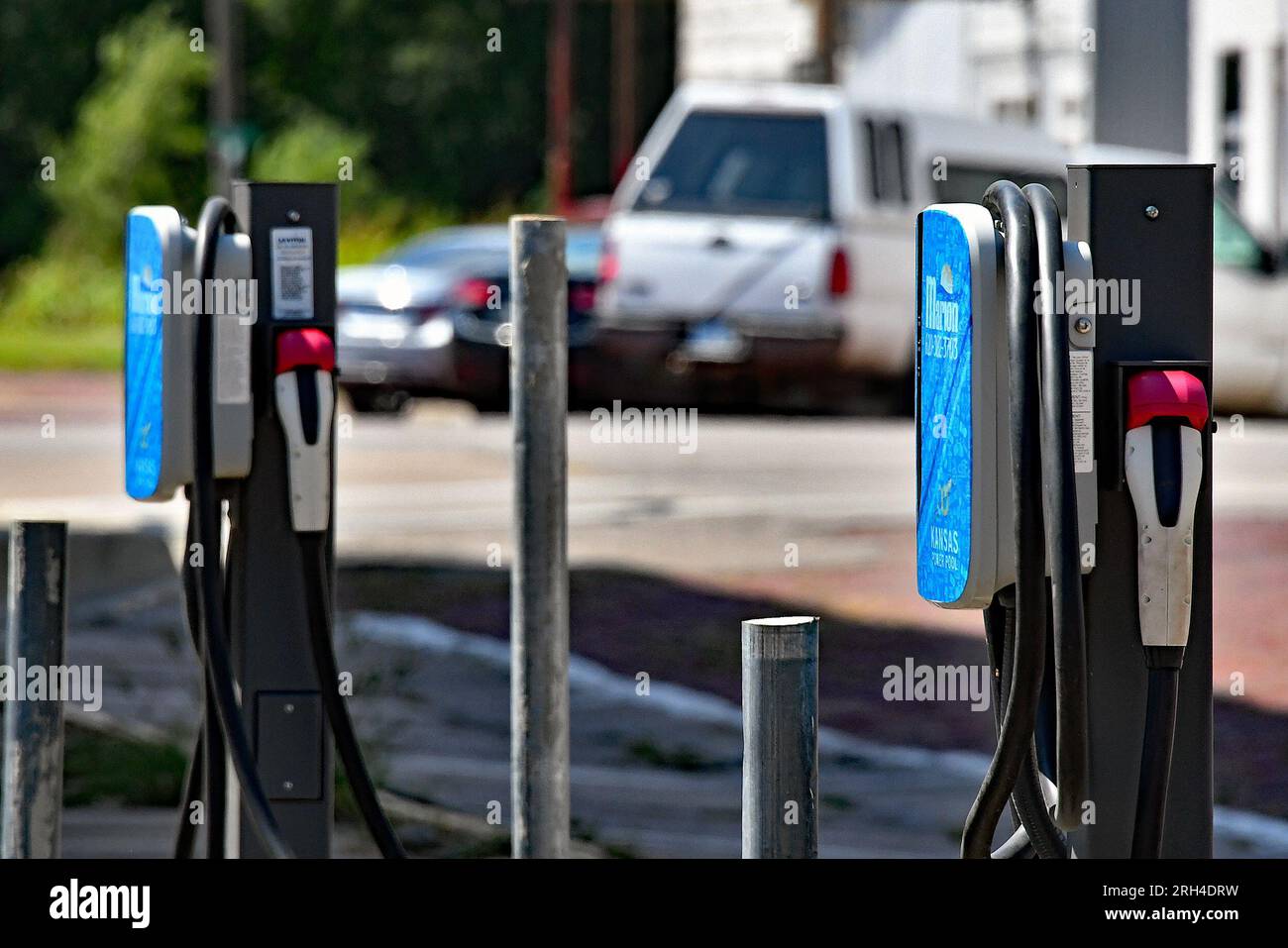 MARION, KANSAS AUGUST 12, 2023 EV car chargers in public parking lot