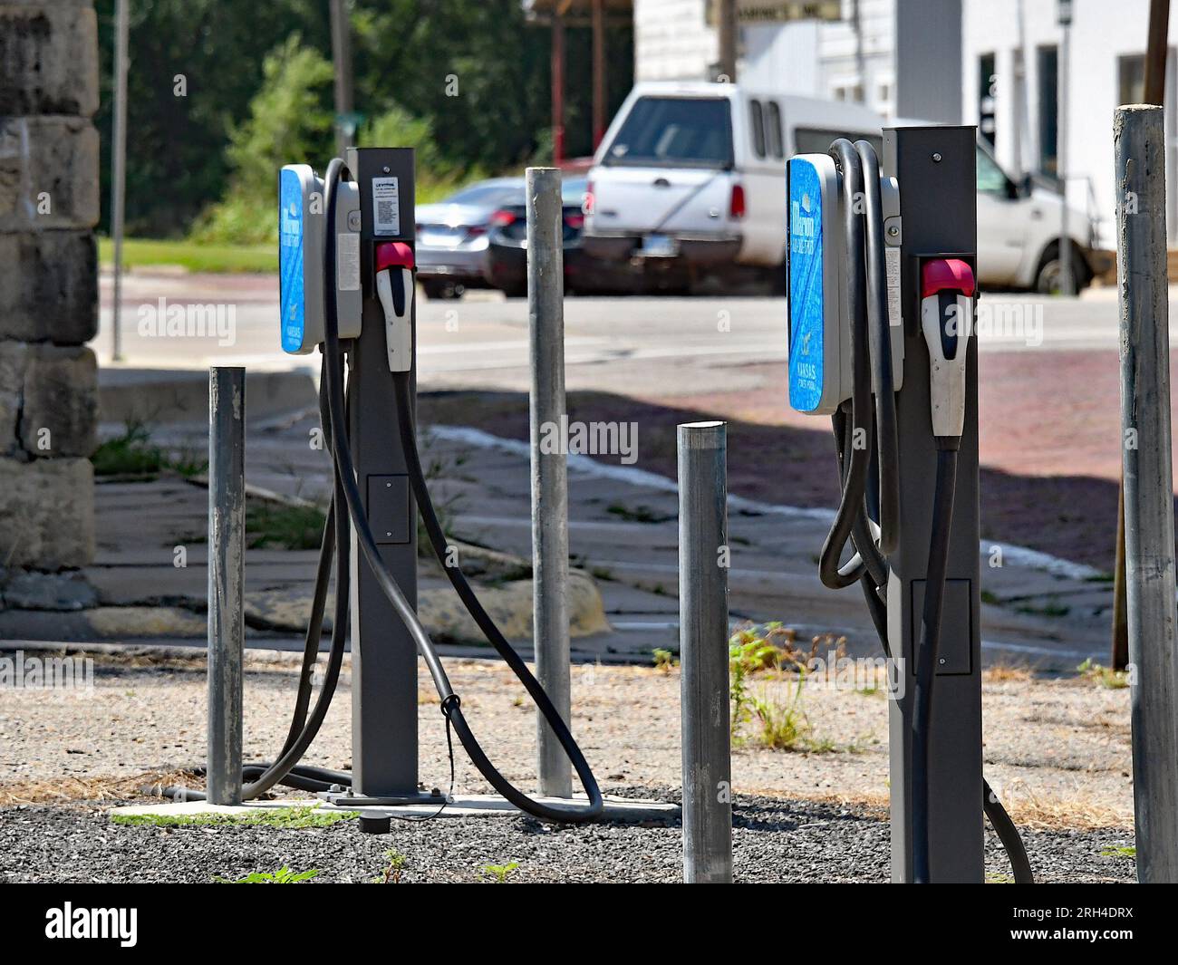 MARION, KANSAS AUGUST 12, 2023 EV car chargers in public parking lot